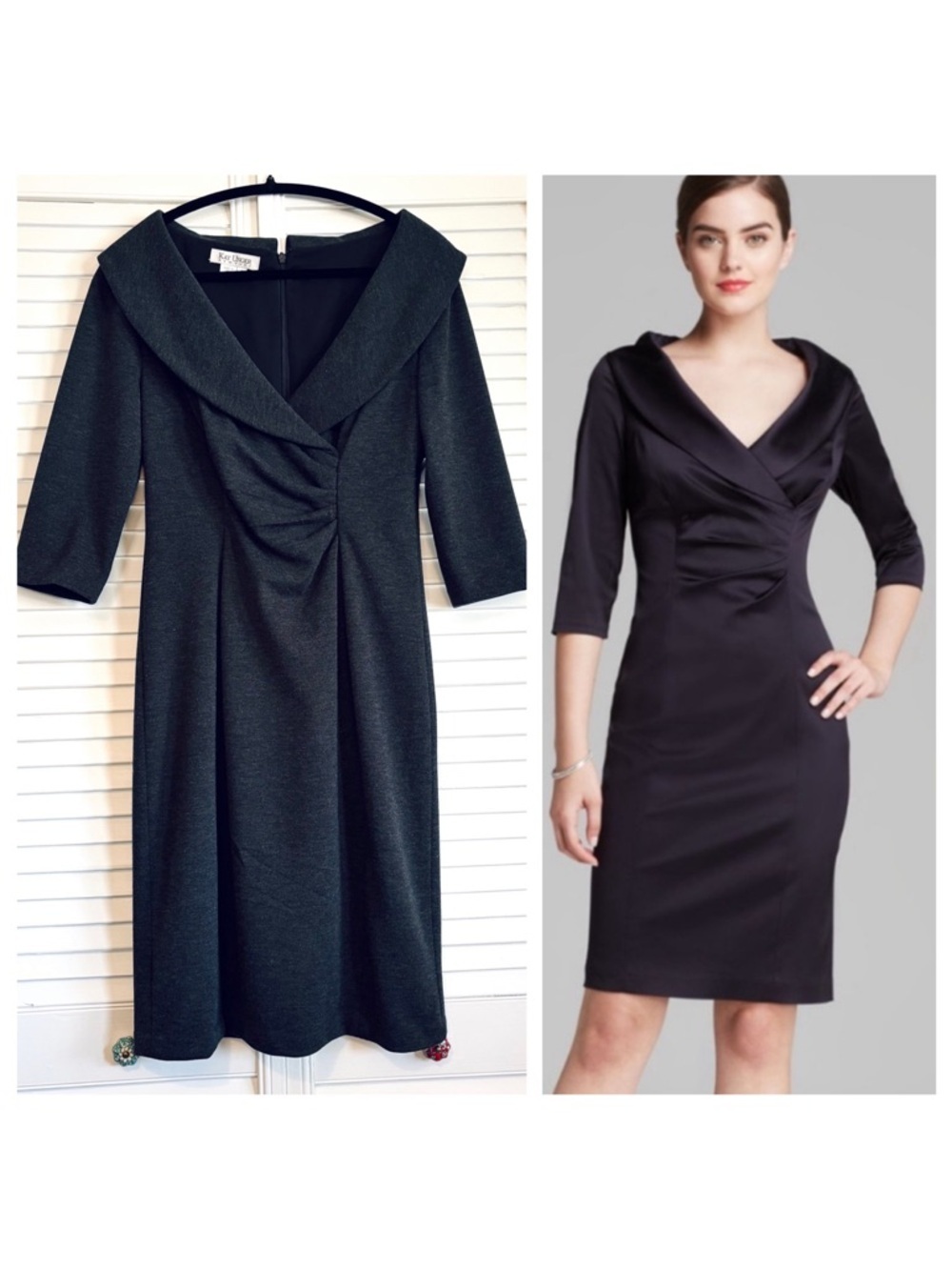 Kay Unger Black Ruched Front Dress 3/4 Sleeves 8